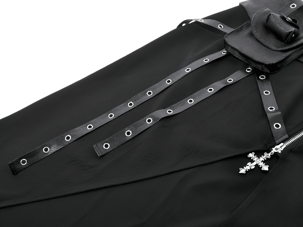 Gothic Wrap Maxi Skirt with Belts and Cross Charm featuring bold grommet details and utility pocket.
