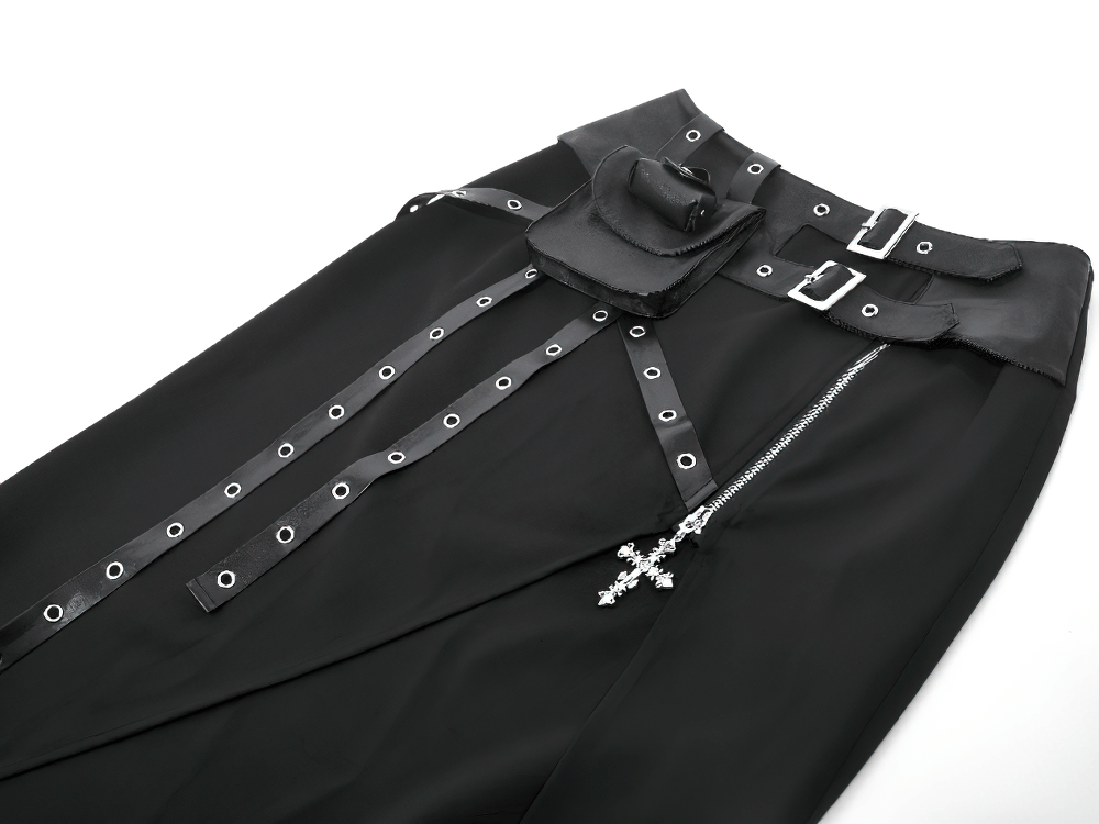 Gothic Wrap Maxi Skirt with Belts and Cross Charm featuring belt straps, grommet details, and a zipper.