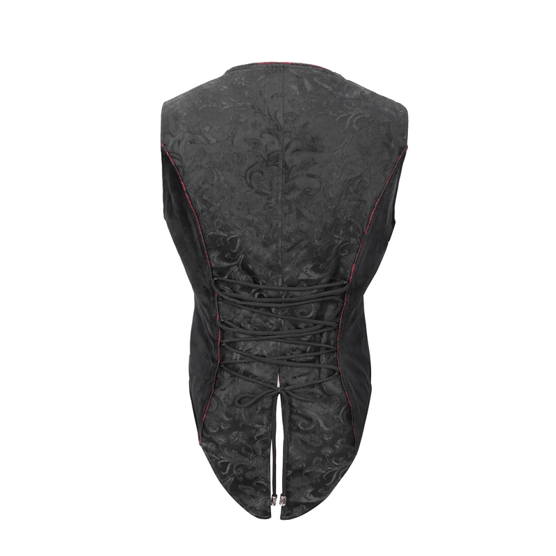 Back view of a men's gothic black vest with lace detailing and red accents, perfect for alternative fashion enthusiasts.