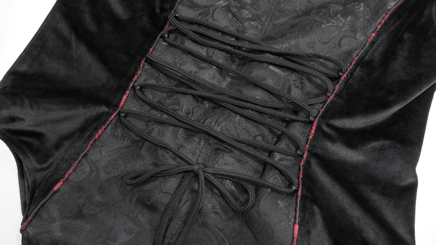 Close-up of gothic vest back lacing and jacquard fabric, featuring elegant black and red details.