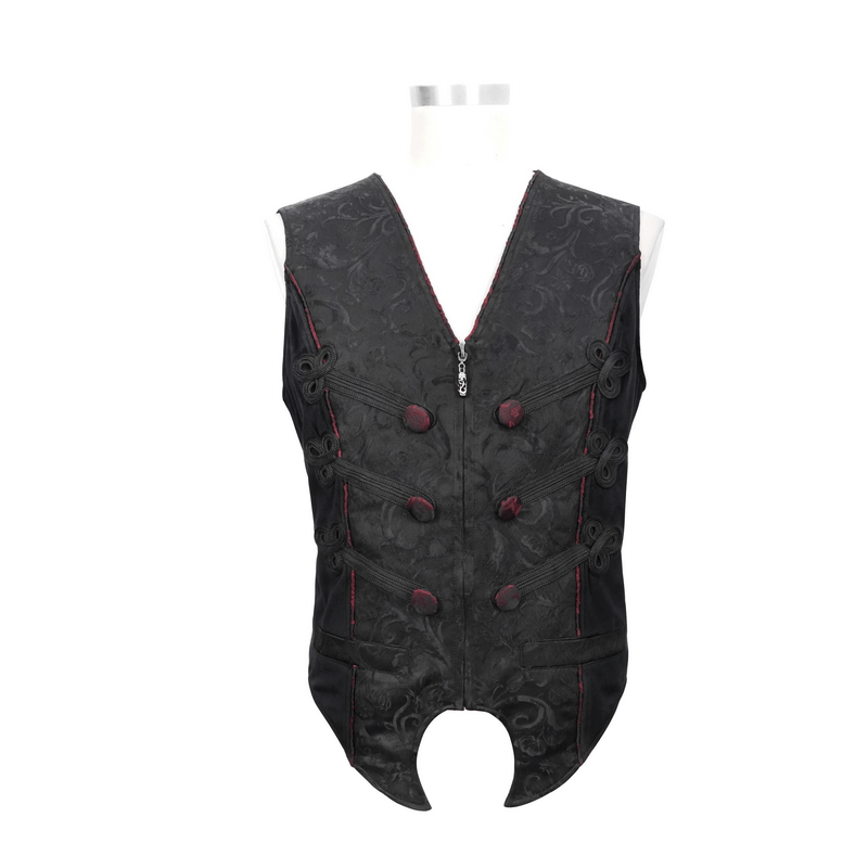 Gothic black vest with vintage print and red buttons, featuring a fitted cut and laced back, perfect for alternative fashion.