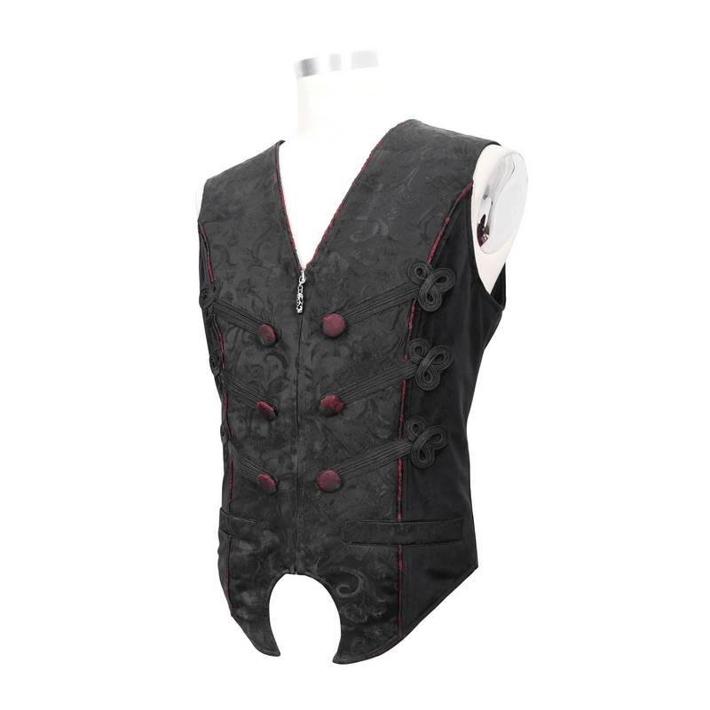 Men's gothic black zip vest with vintage print and red buttons, perfect for alternative fashion outfits.