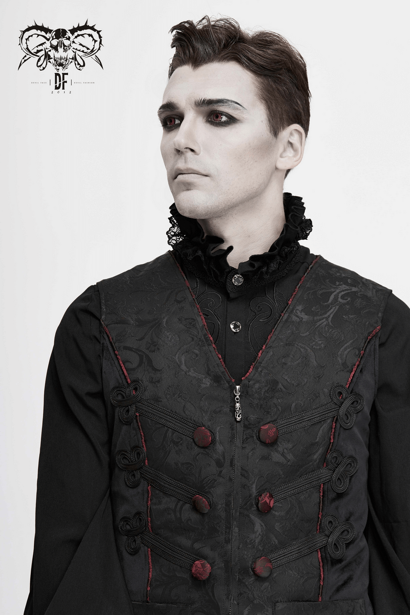 Gothic men's black vest with vintage print and red buttons, showcasing a stylish fitted cut for alternative fashion.