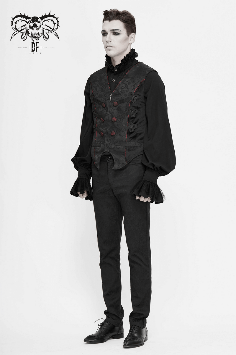 Men's gothic black vest with red buttons and fitted cut, paired with elegant vintage-style shirt and trousers.