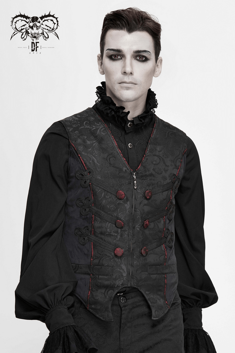 Men's gothic black vest with vintage print and red buttons, perfect for alternative fashion lovers.