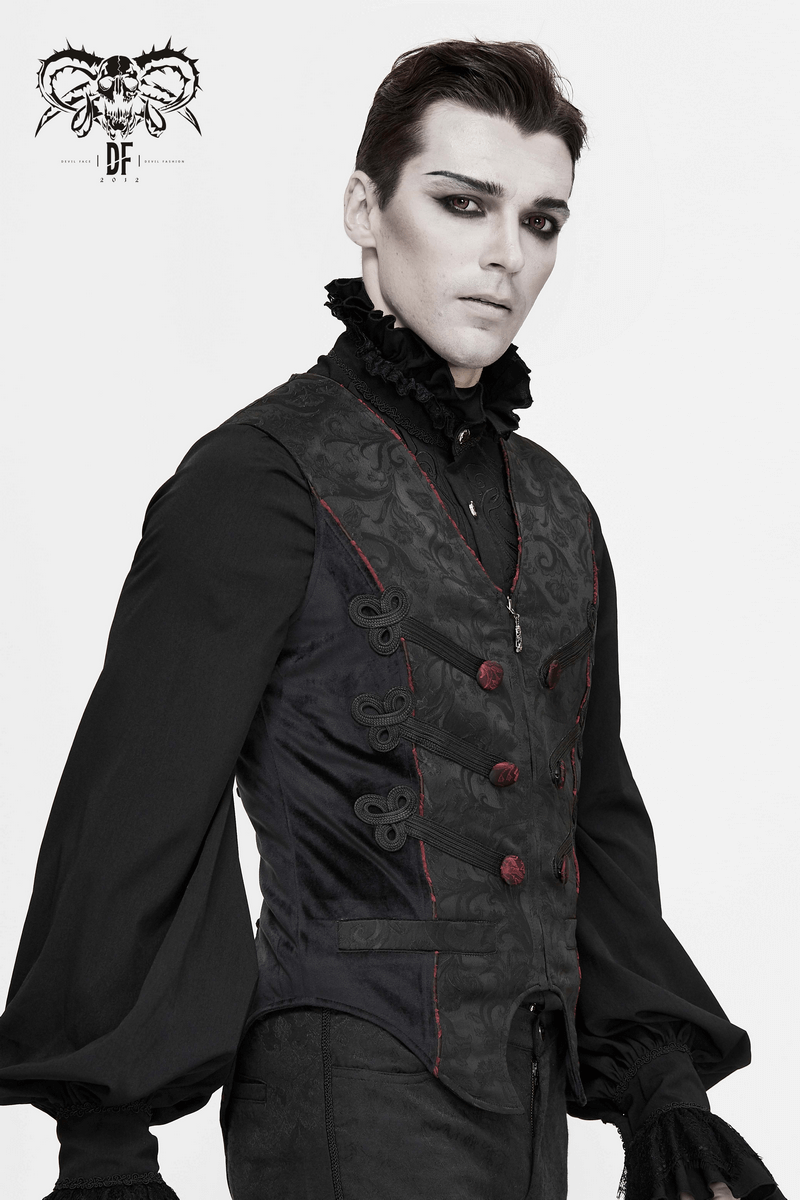 Men's gothic vest in black with vintage print and red buttons, styled for alternative fashion looks.