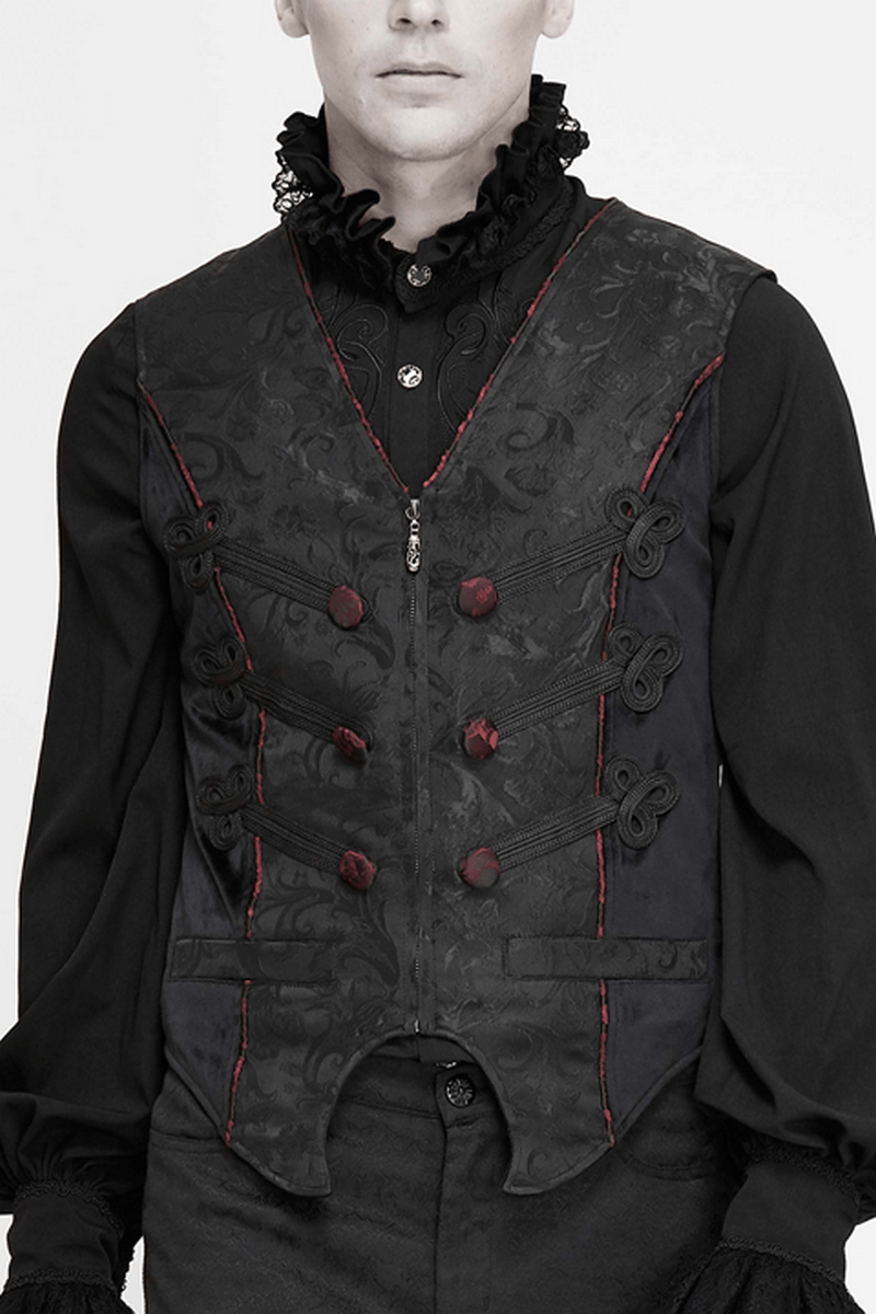 Men's black vintage gothic vest with red buttons and intricate lacing, perfect for alternative fashion enthusiasts.