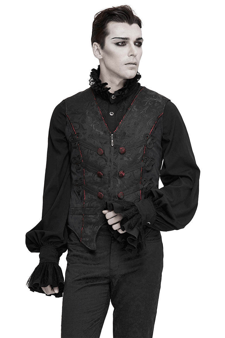 Men's gothic black vest with red buttons and vintage print, perfect for alternative fashion lovers.