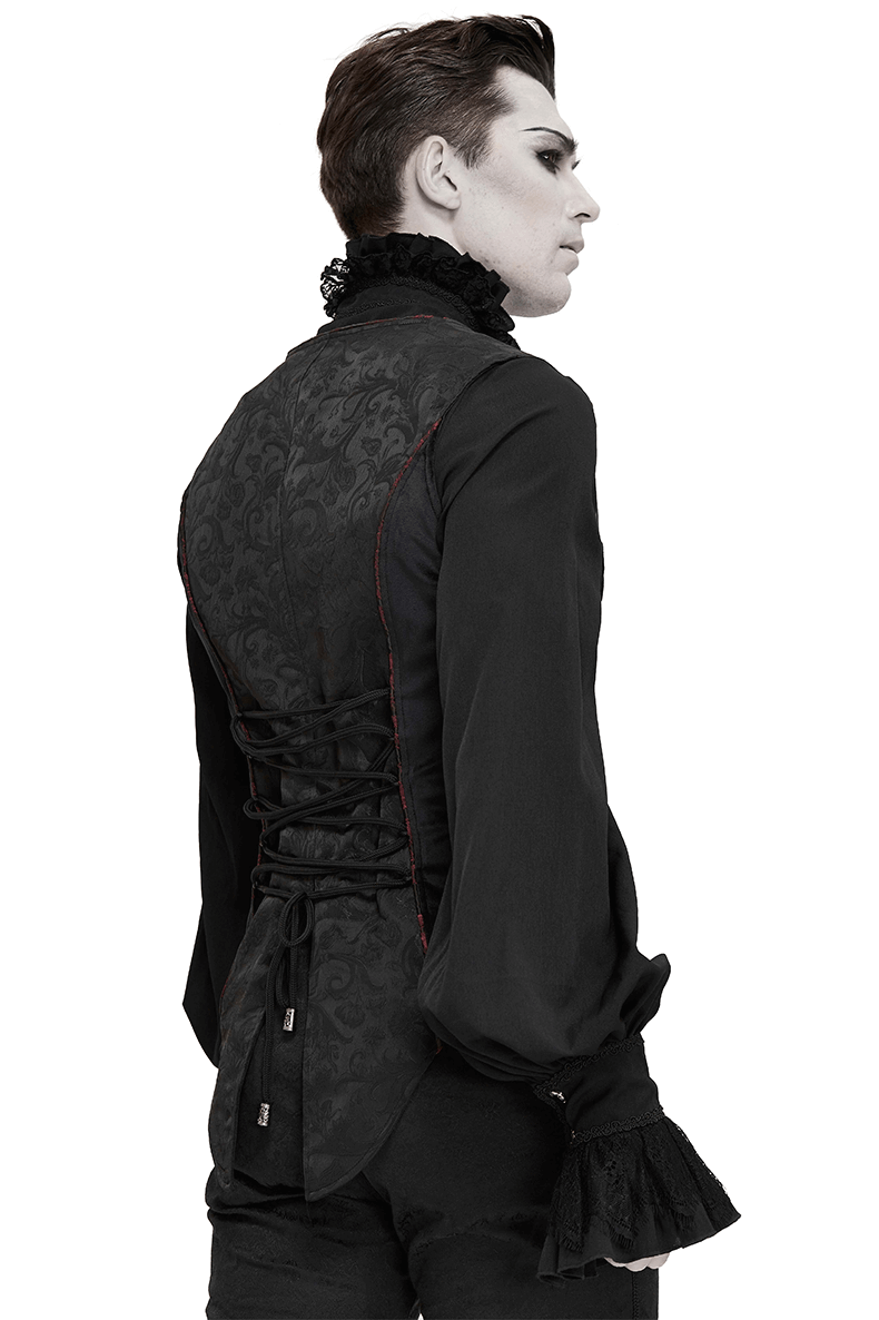 Men's gothic black vest with vintage print and lacing at the back, ideal for alternative fashion enthusiasts.