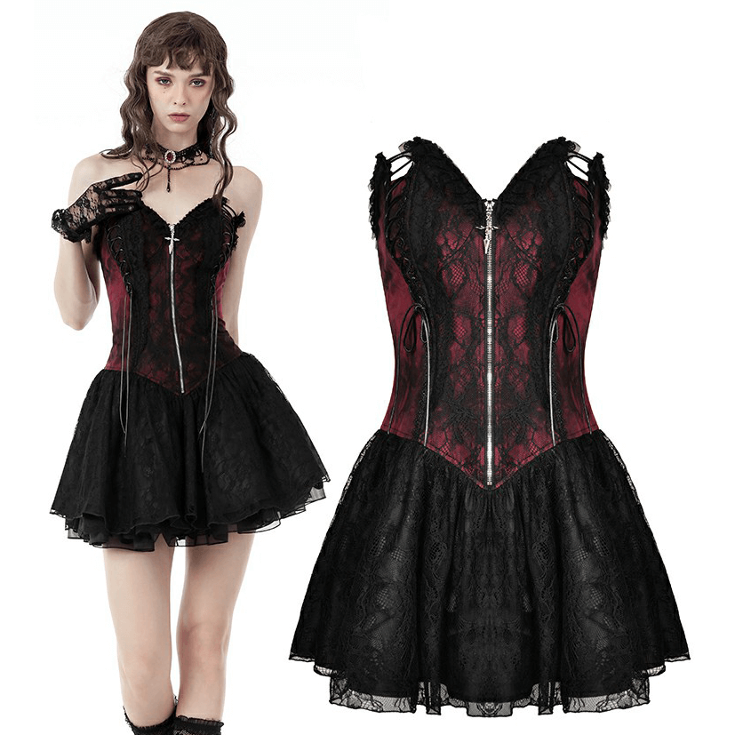 Gothic Zip Lace Corset Dress with Flared Skirt and Lace-Up