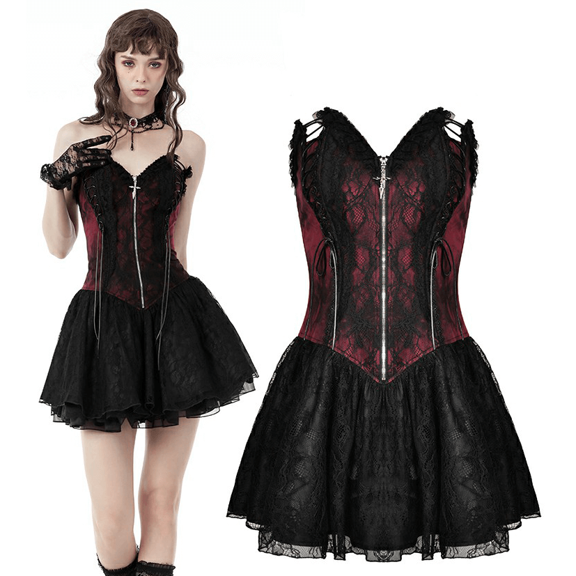Gothic wine red and black lace corset dress with flared skirt, showcasing intricate lace detailing and zipper front.