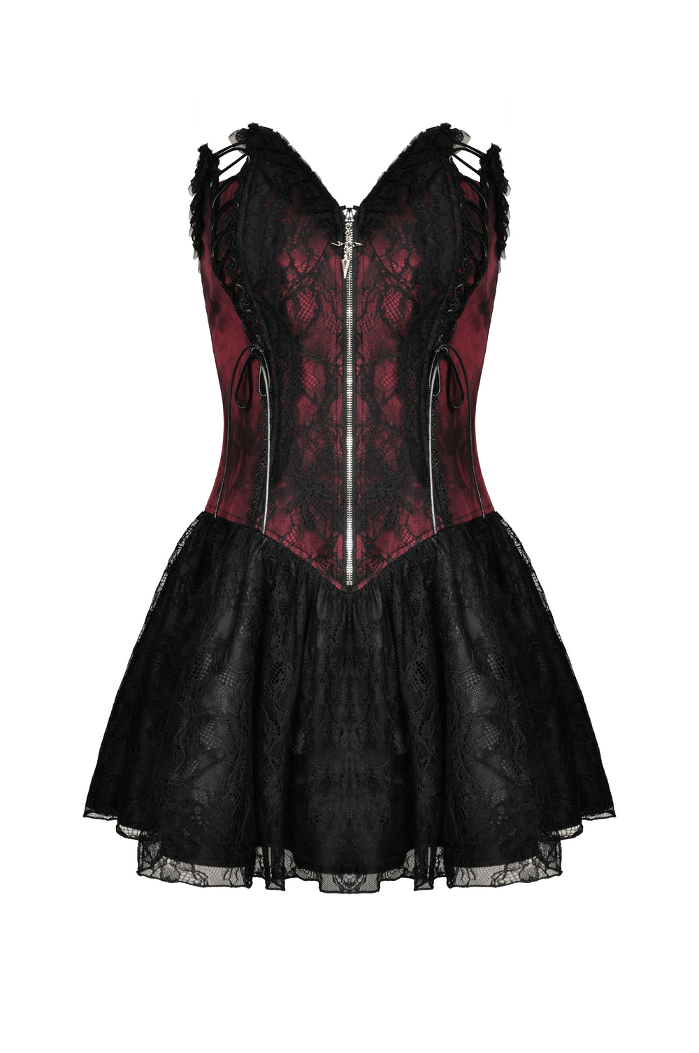 Gothic wine red and black lace corset dress with flared skirt and lace-up detailing, perfect for vintage elegance.