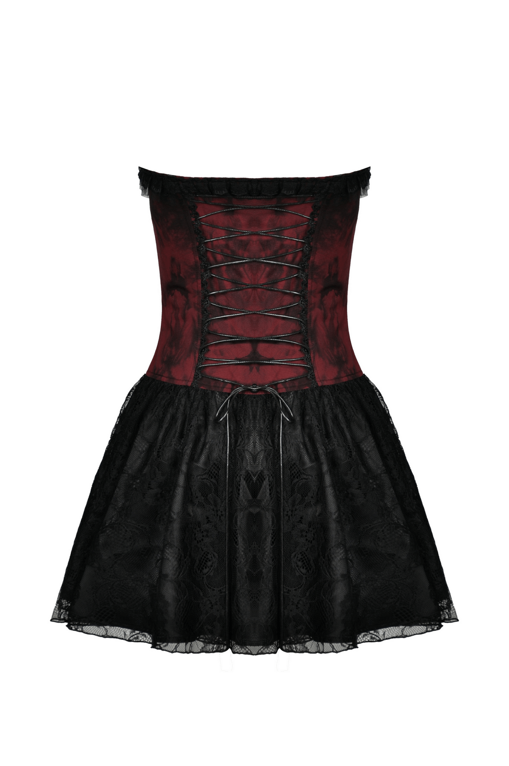 Gothic zip lace corset dress in wine red and black, featuring intricate lace and a playful flared skirt.