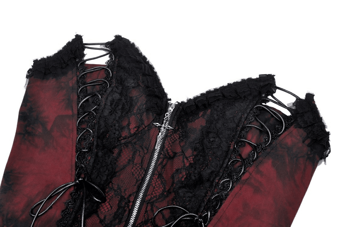 Close-up of Gothic lace corset dress with wine red and black hues, showcasing intricate lace and corset detailing.