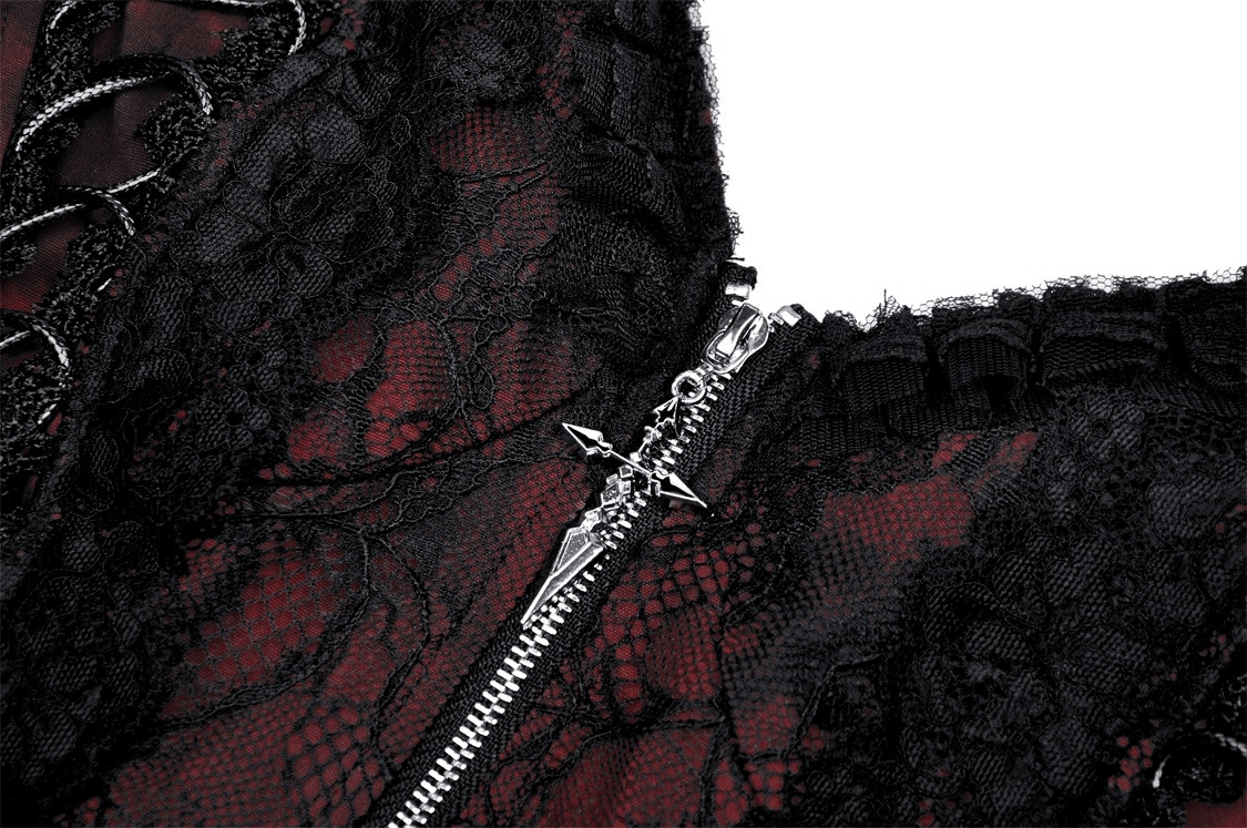 Detail shot of the Gothic Zip Lace Corset Dress featuring intricate black lace and a stylish zip closure.