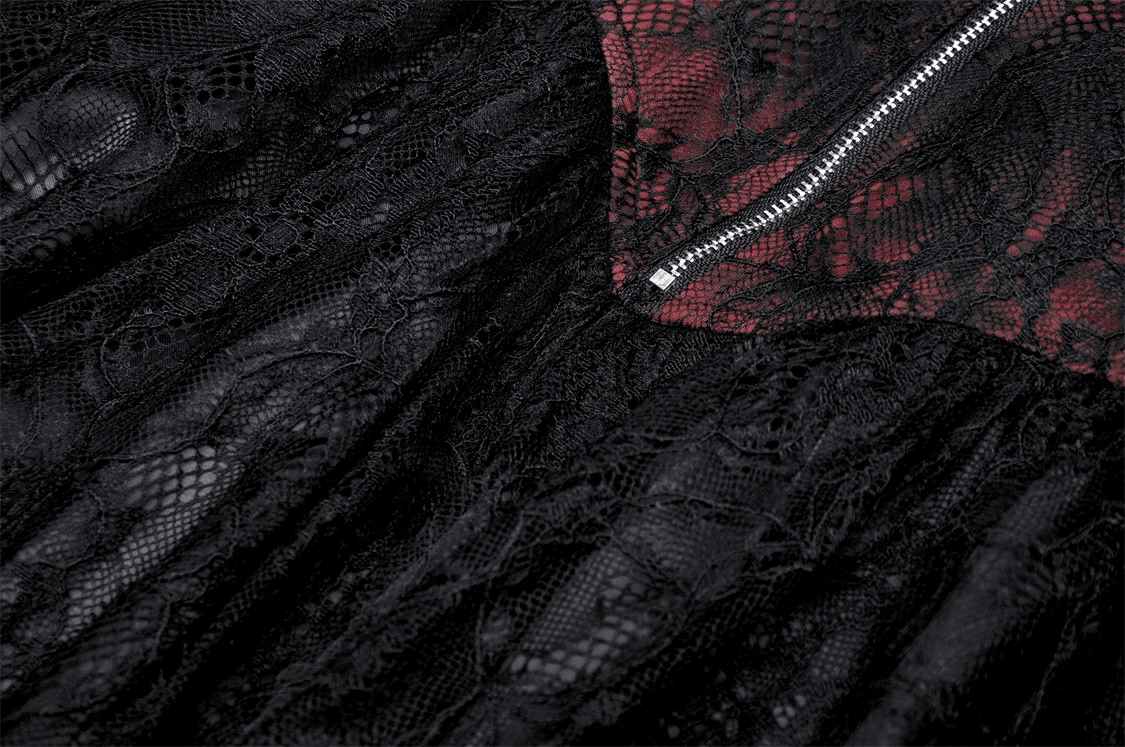 Close-up of the intricate lace detailing on a Gothic corset dress in wine red and black, featuring a stylish zip.