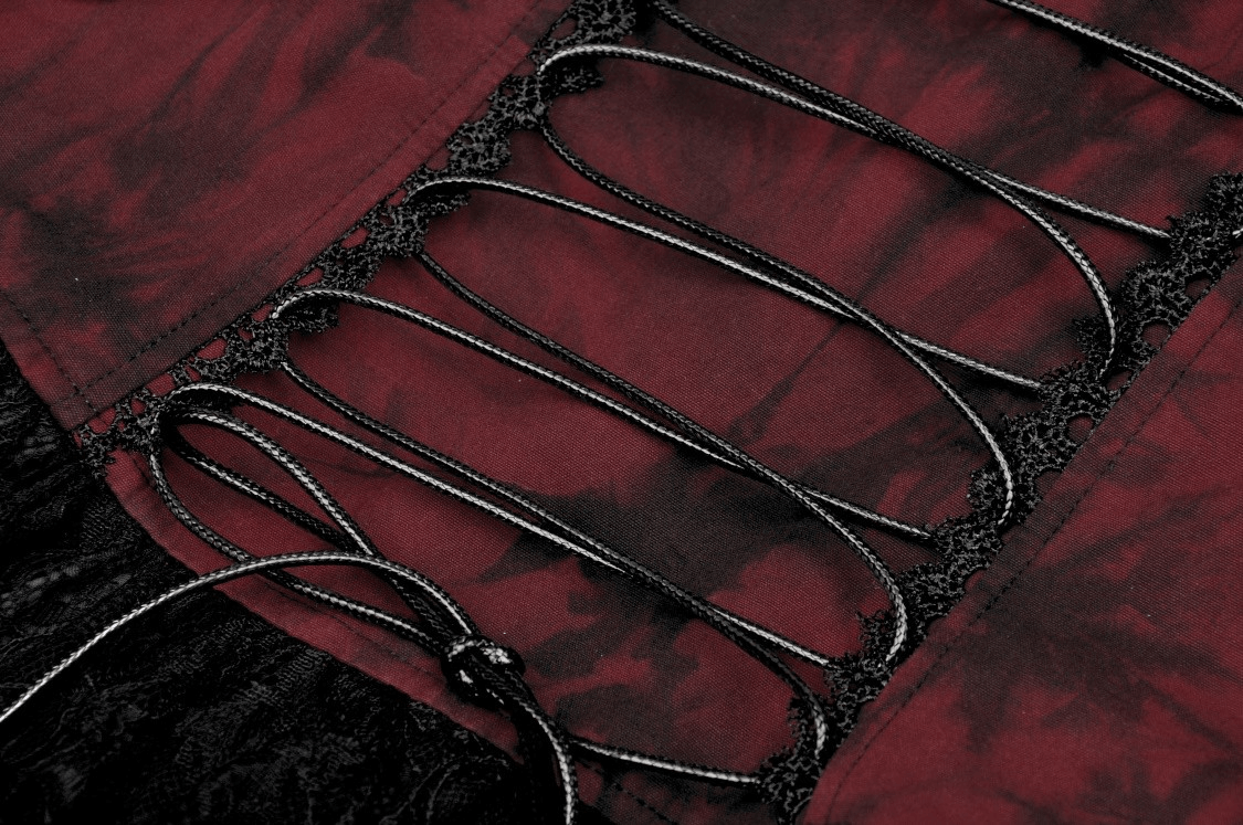 Close-up of gothic wine red lace corset detailing with black laces on vintage-inspired dress.