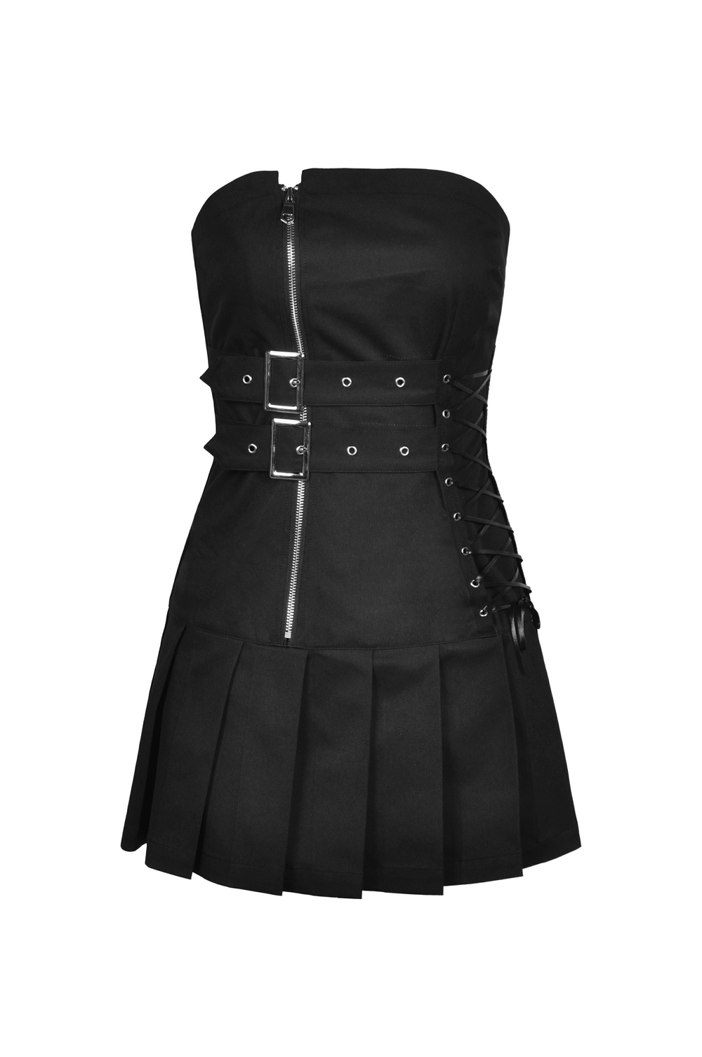 Gothic Zipper Black Mini Dress with Metal Accents