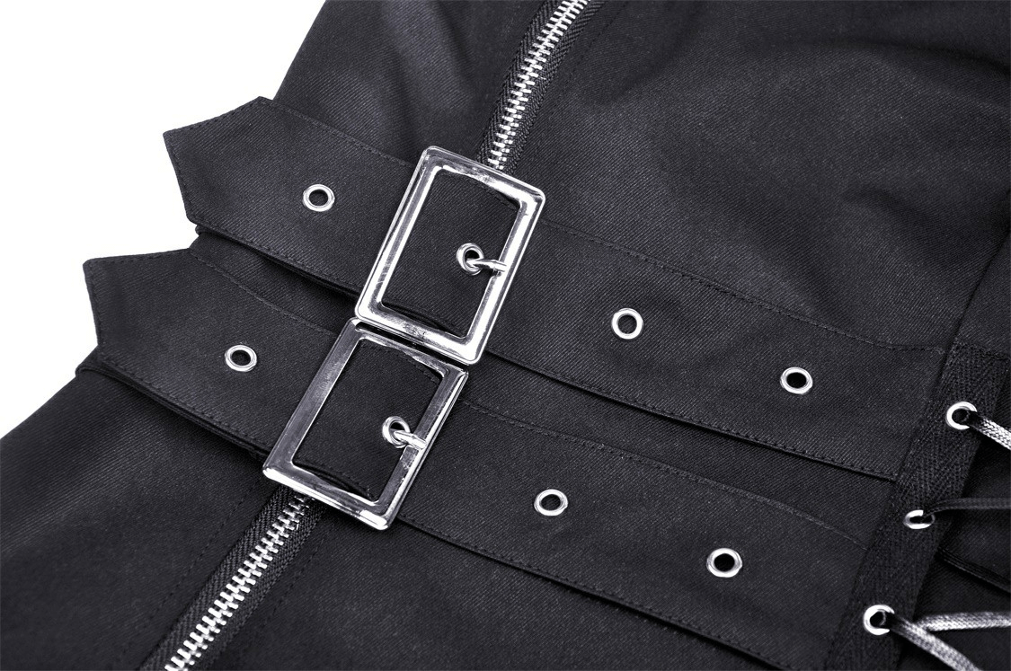 Gothic Zipper Black Mini Dress with Metal Accents