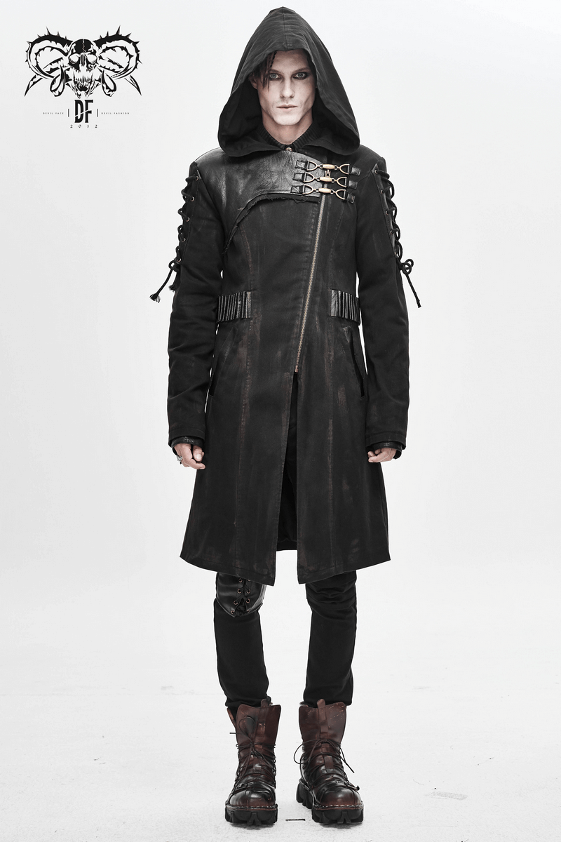 Men's gothic trench coat with buckles and hood, stylishly showcasing a retro design and lace-up sleeves.