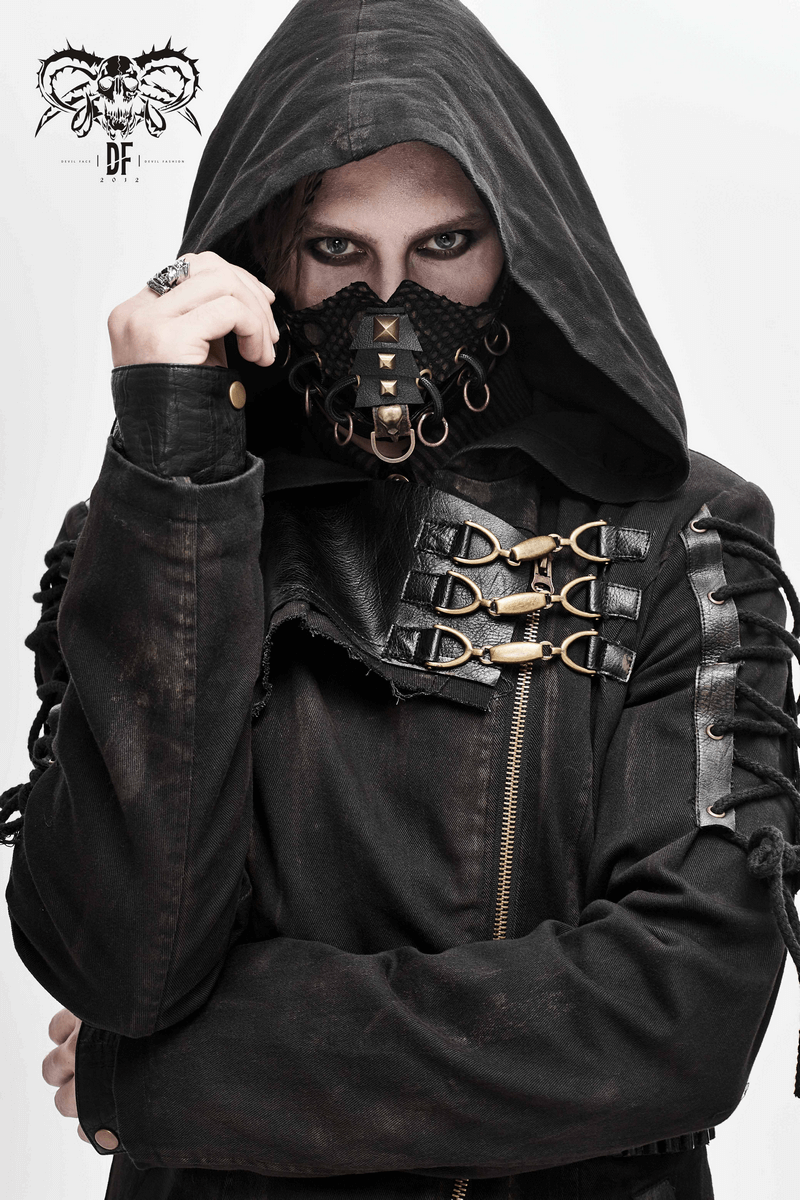 Gothic men's trench coat with hood, buckles, and lace-up sleeves, stylish model wearing a black mask.