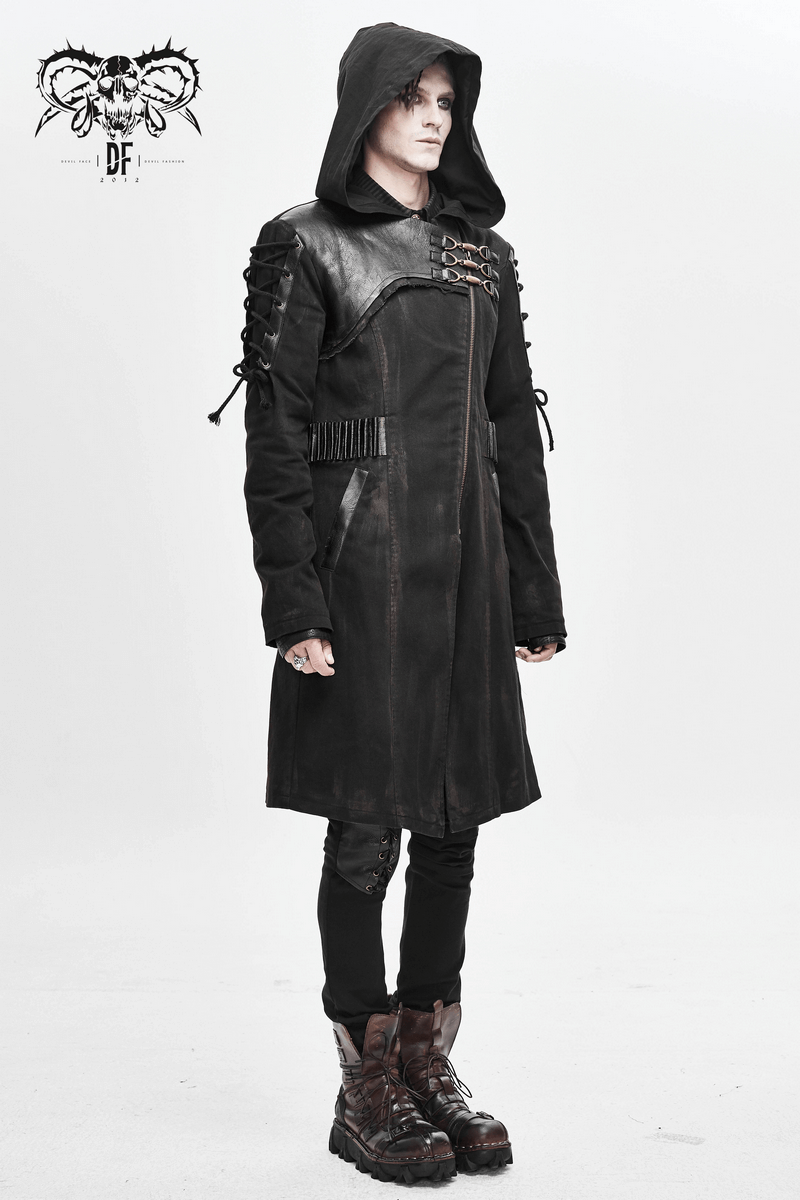 Men's gothic hooded trench coat featuring buckles and lace-up sleeves, perfect for a retro stylish look.