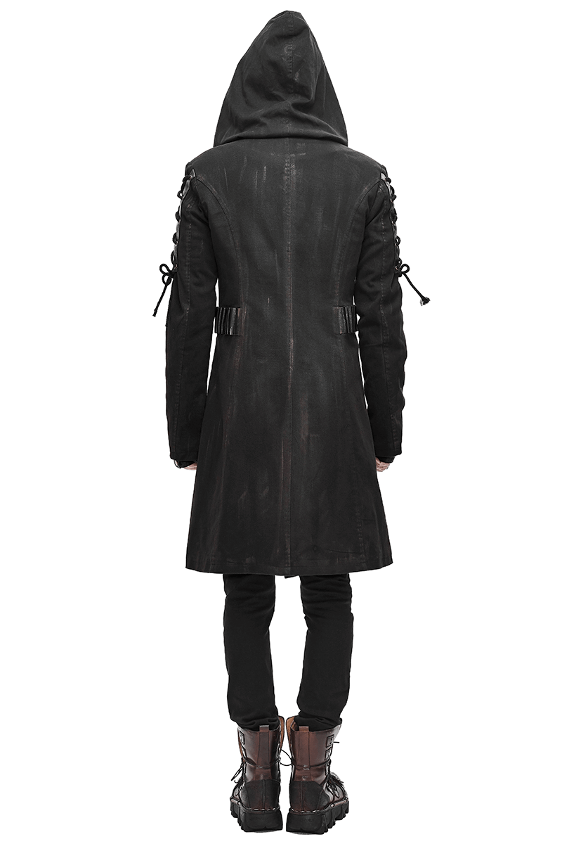 Gothic Zipper Hooded Trench Coat with Buckles / Men's Black Coat with Lace-up on Sleeves - HARD'N'HEAVY