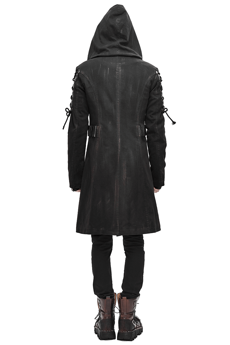 Men's gothic black trench coat with hood and lace-up sleeves, showcasing a stylish retro look from the back.