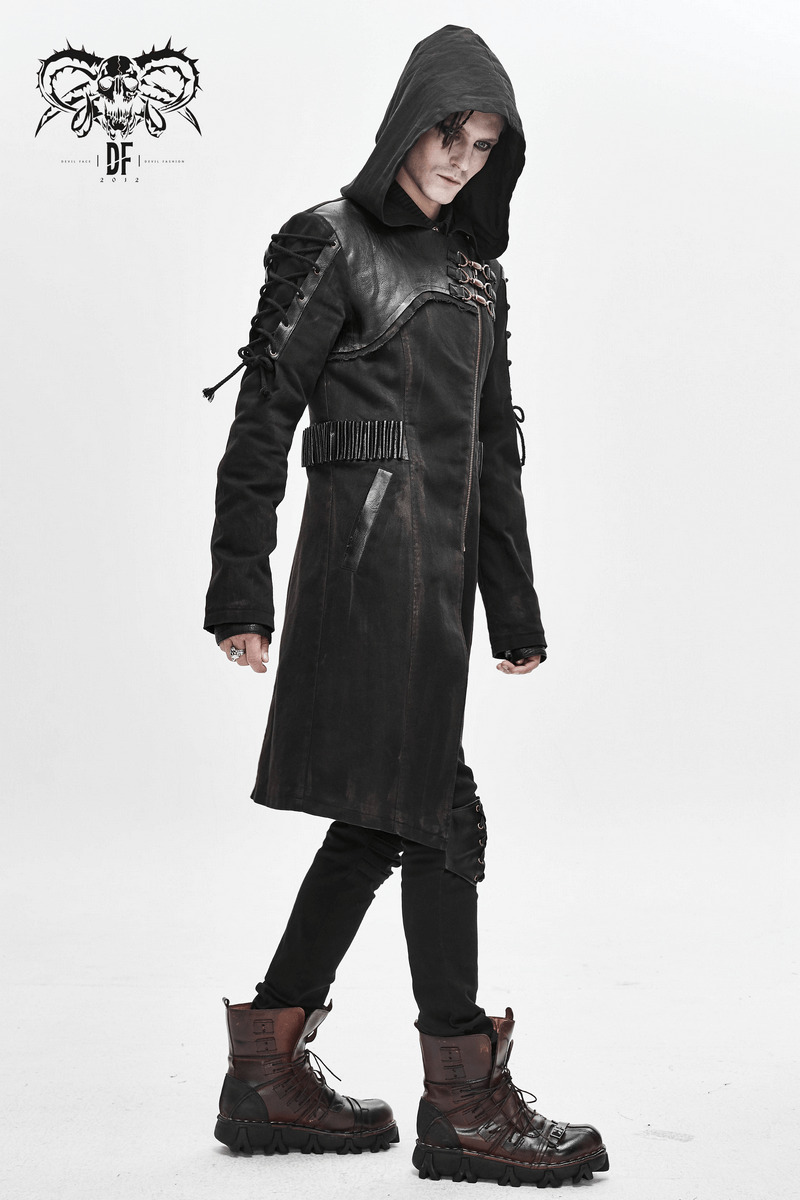 Men's gothic hooded trench coat with lace-up sleeves, perfect for unique retro style and comfort.