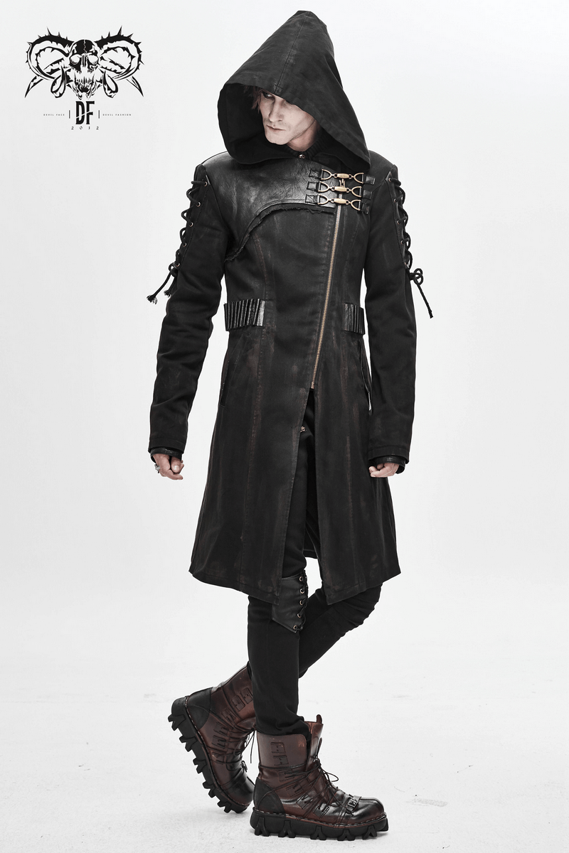 Gothic men's trench coat with hood and lace-up sleeves, perfect for stylish gothic fashion.