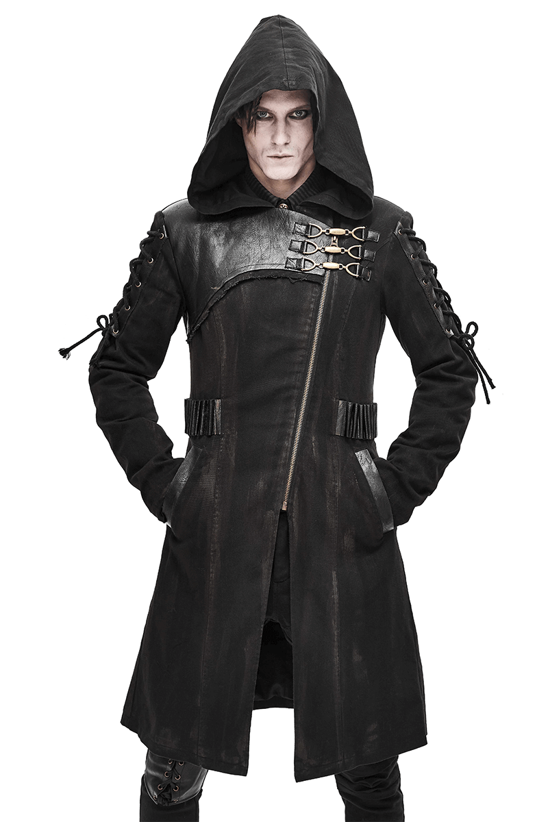 Gothic Zipper Hooded Trench Coat with Buckles / Men's Black Coat with Lace-up on Sleeves - HARD'N'HEAVY