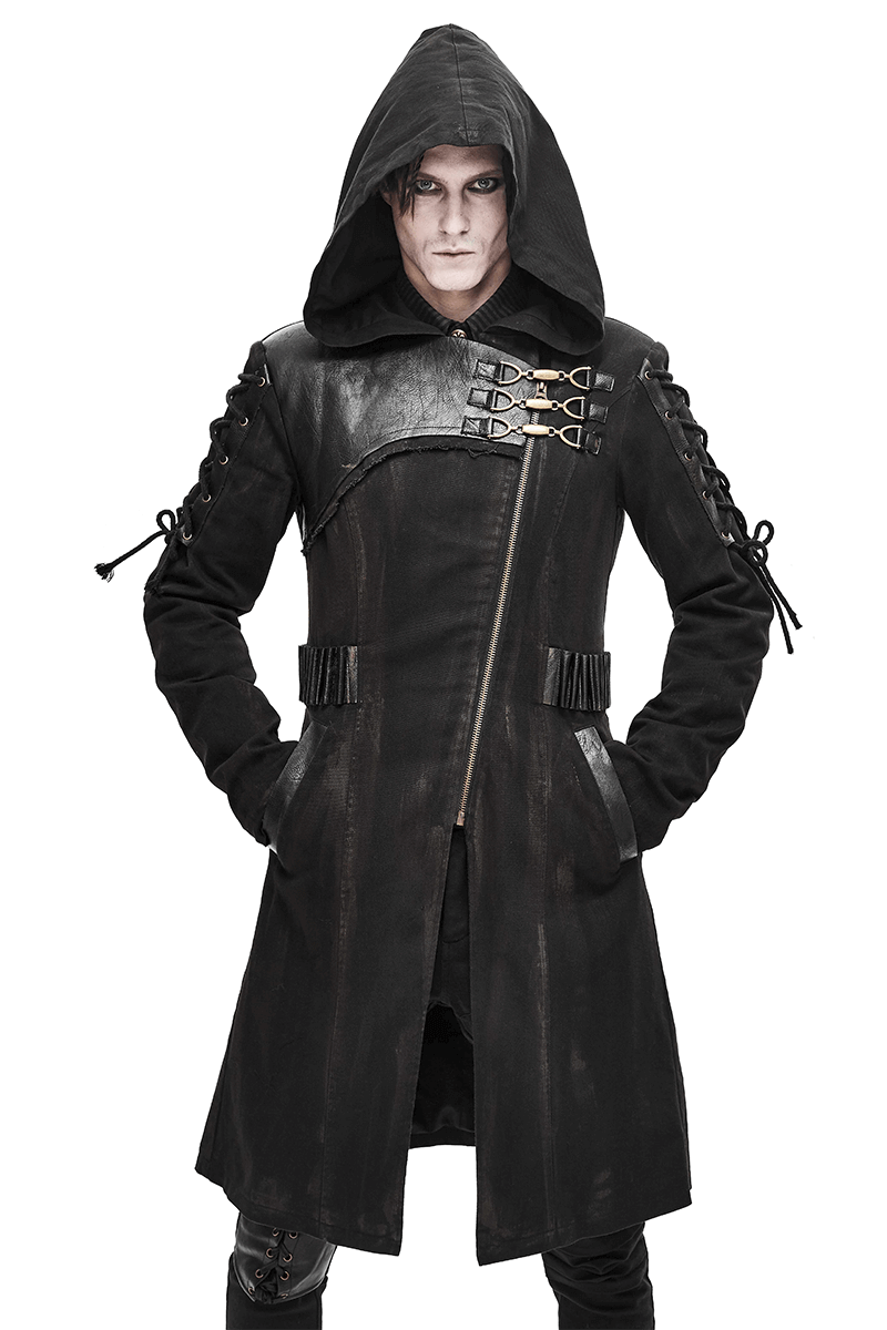 Gothic men's hooded trench coat with buckles and lace-up sleeves for stylish retro fashion.