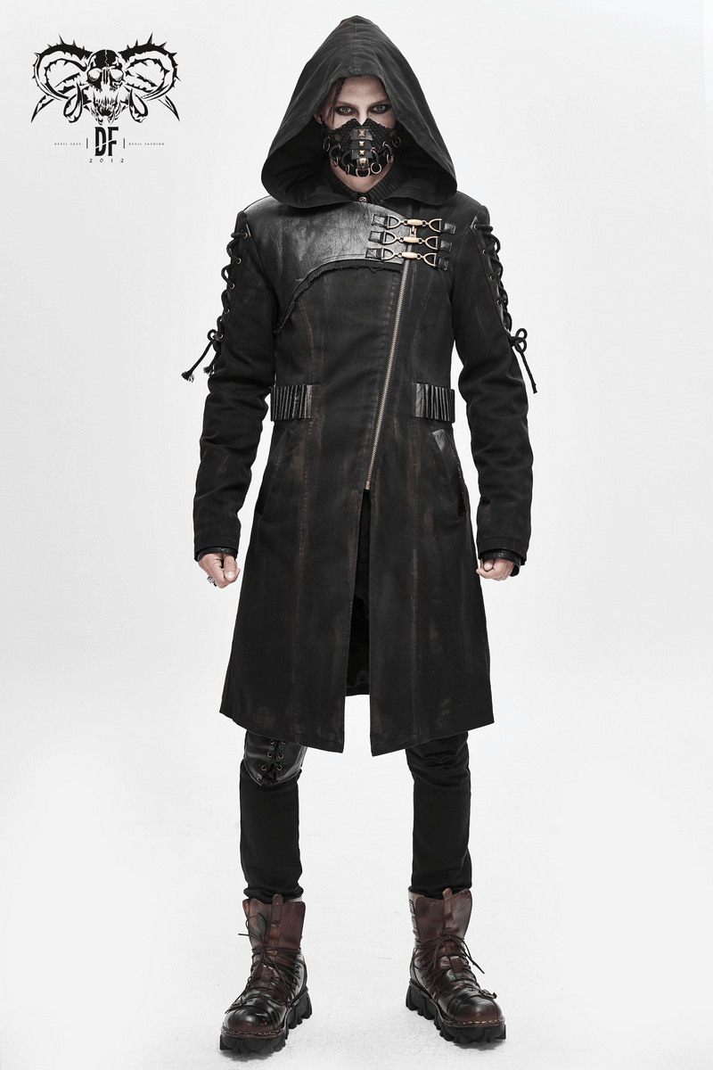 Men's gothic trench coat with hood and buckles, featuring lace-up sleeves, perfect for a stylish retro look.