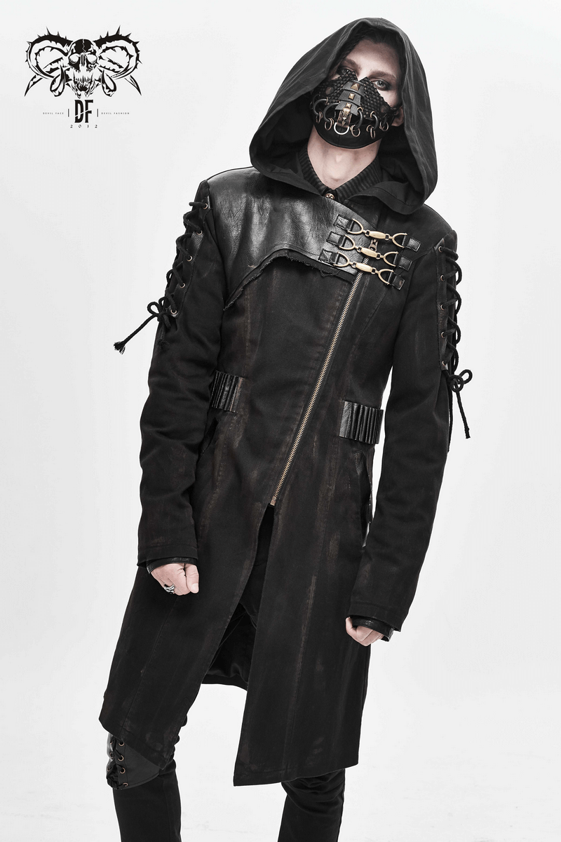 Gothic zipper hooded trench coat with buckles, featuring lace-up sleeves, modeled for a stylish, edgy look.