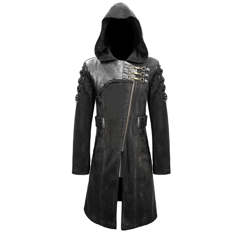 Gothic zipper hooded trench coat for men with buckles and lace-up sleeves, stylish black retro design.