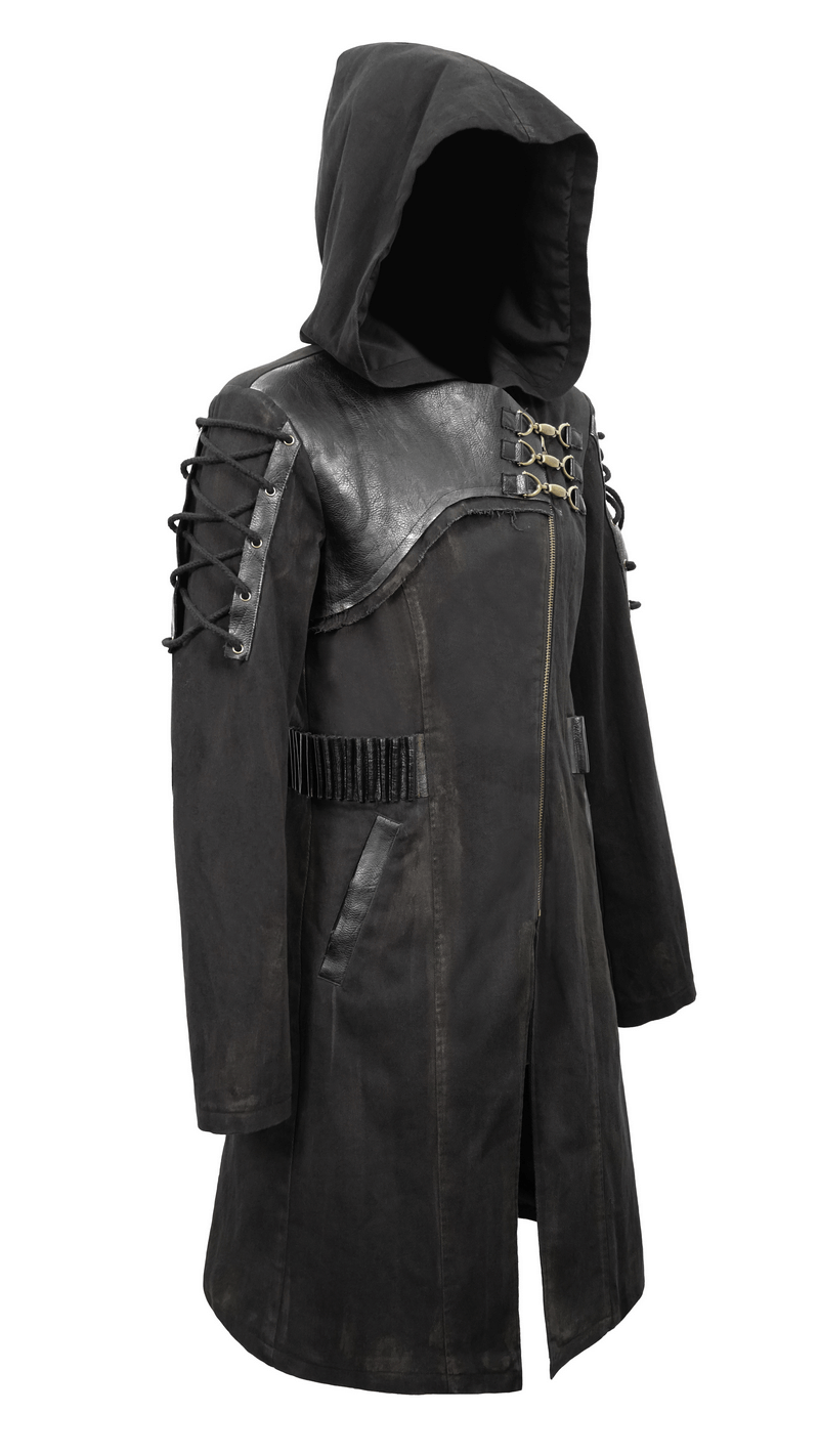 Gothic zipper hooded trench coat for men with lace-up sleeves and buckles in stylish black design.