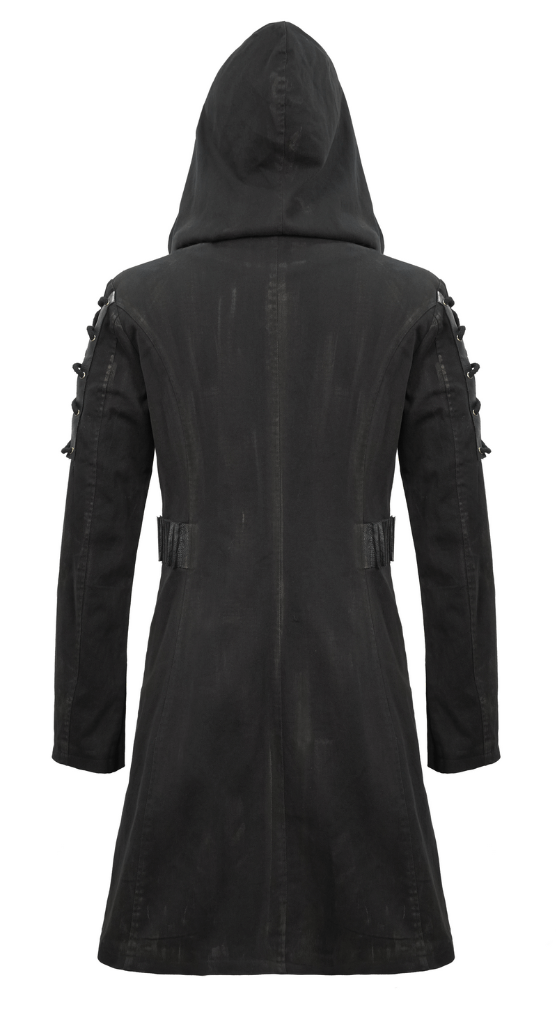 Back view of Gothic Zipper Hooded Trench Coat with Buckles, featuring lace-up sleeves and a stylish design.