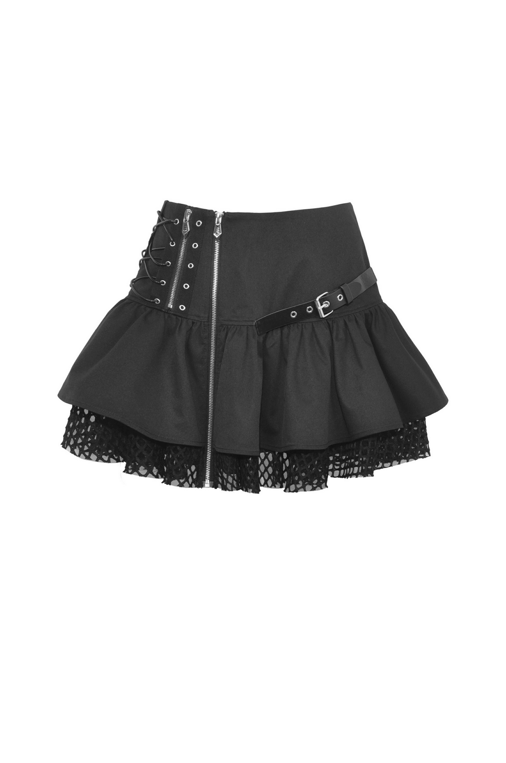 Gothic black lace-up mini skirt with buckle details, perfect for an edgy and stylish look.