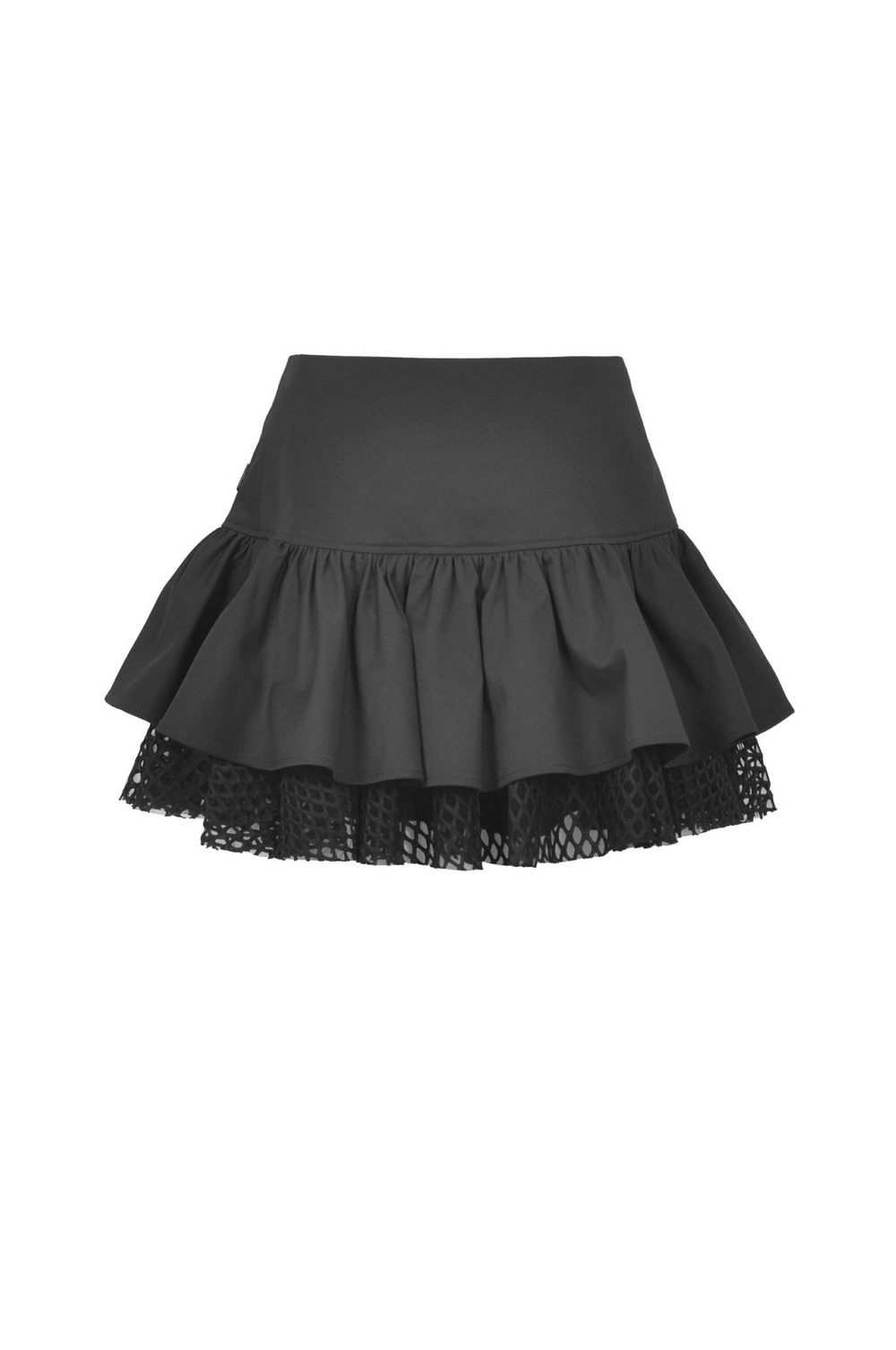 Gothic black zipper lace-up mini skirt with lace ruffle and buckle details, perfect for edgy outfits.