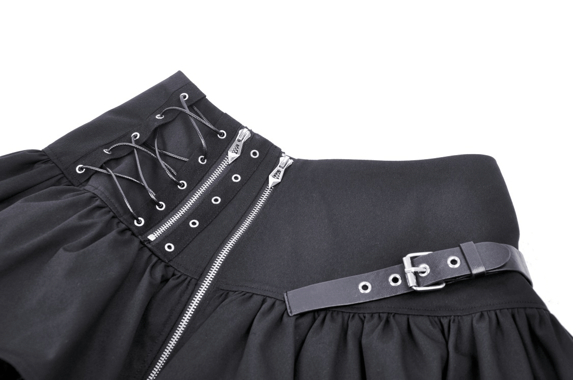 Gothic Zipper Lace-Up Mini Skirt With Buckle Details