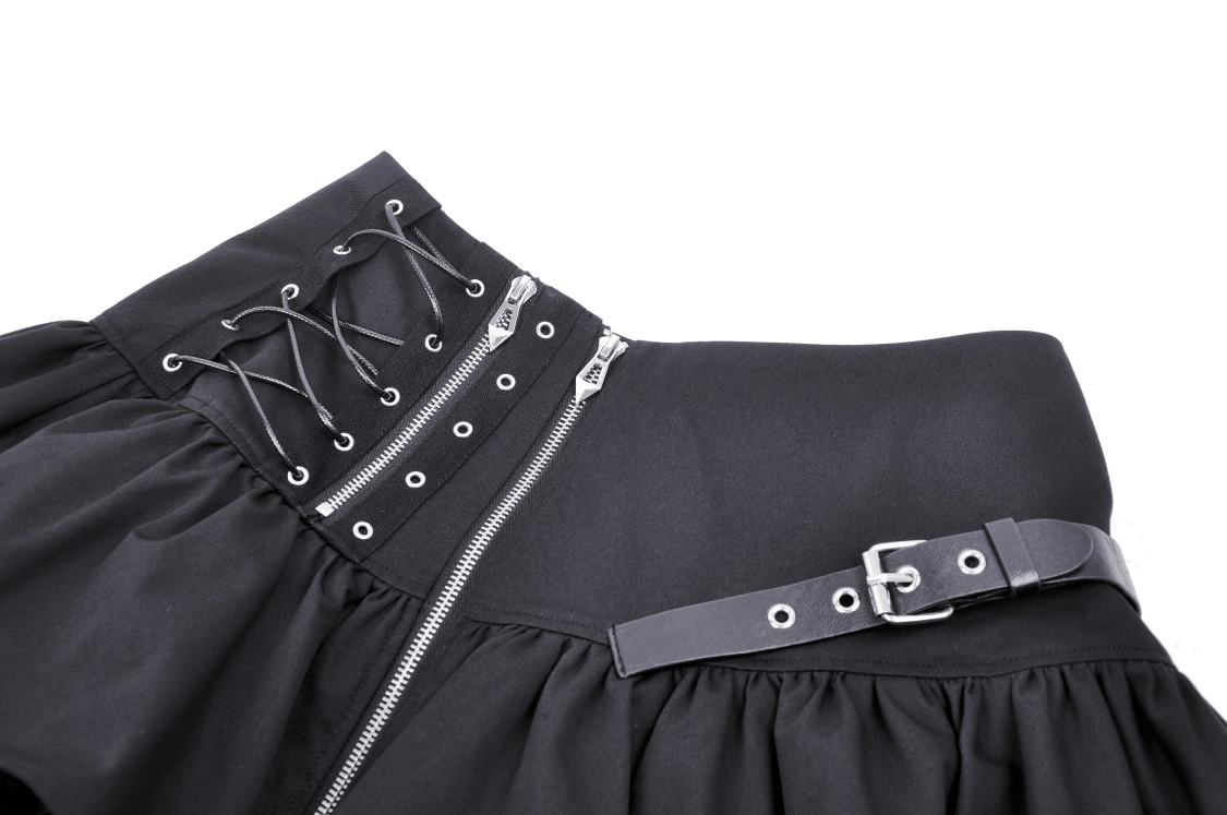 Gothic black mini skirt featuring lace-up detail and buckle accents, perfect for edgy fashion lovers.