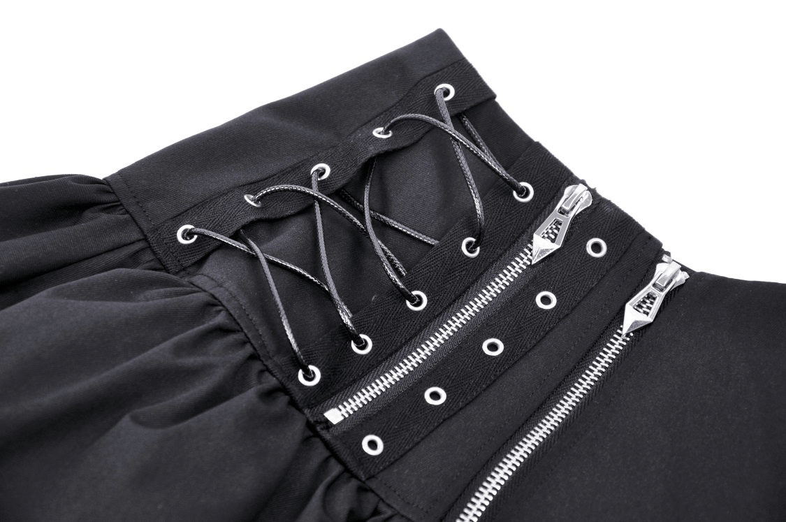 Close-up of gothic black mini skirt featuring lace-up design and silver zipper details for an edgy look.