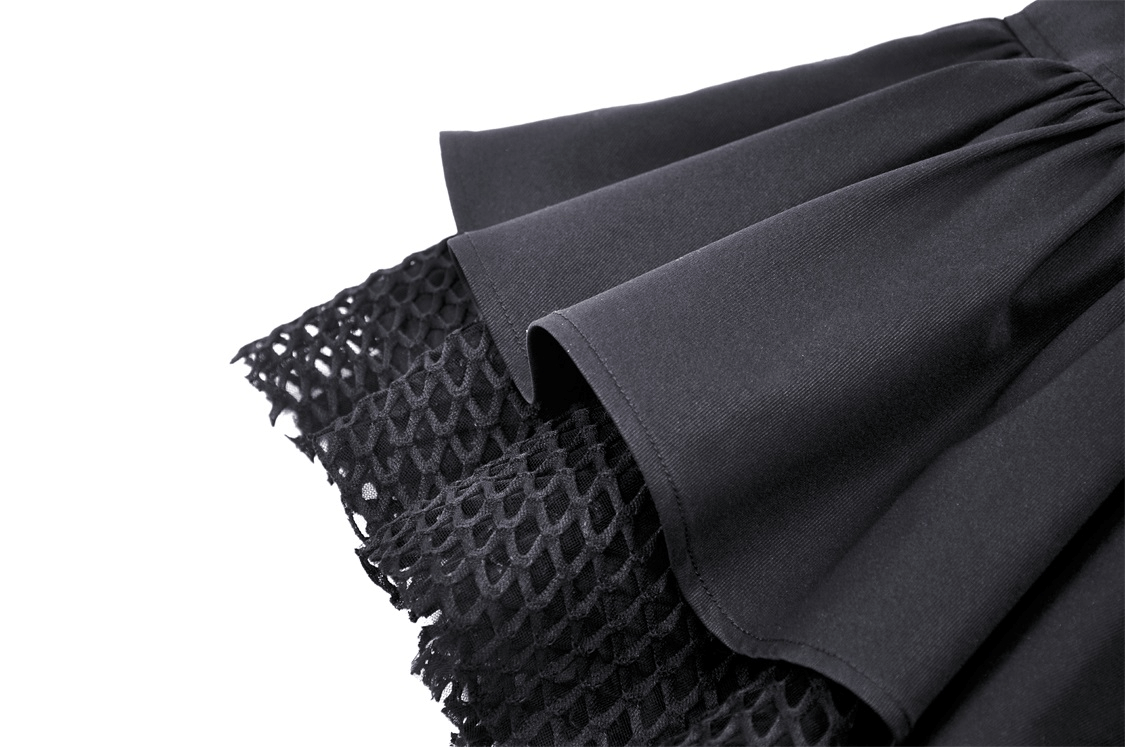 Black gothic mini skirt with lace trim and textured layers showcasing edgy fashion style.