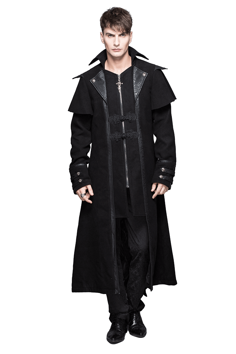 Gothic Zipper Long Trench Coat for Men / Steampunk Black Turndown Collar Coat - HARD'N'HEAVY