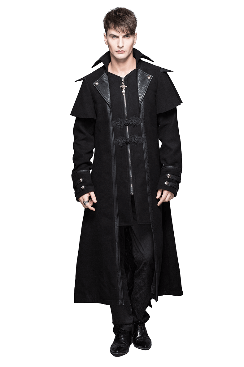 Stylish black gothic zipper long trench coat for men with turndown collar and vintage design.