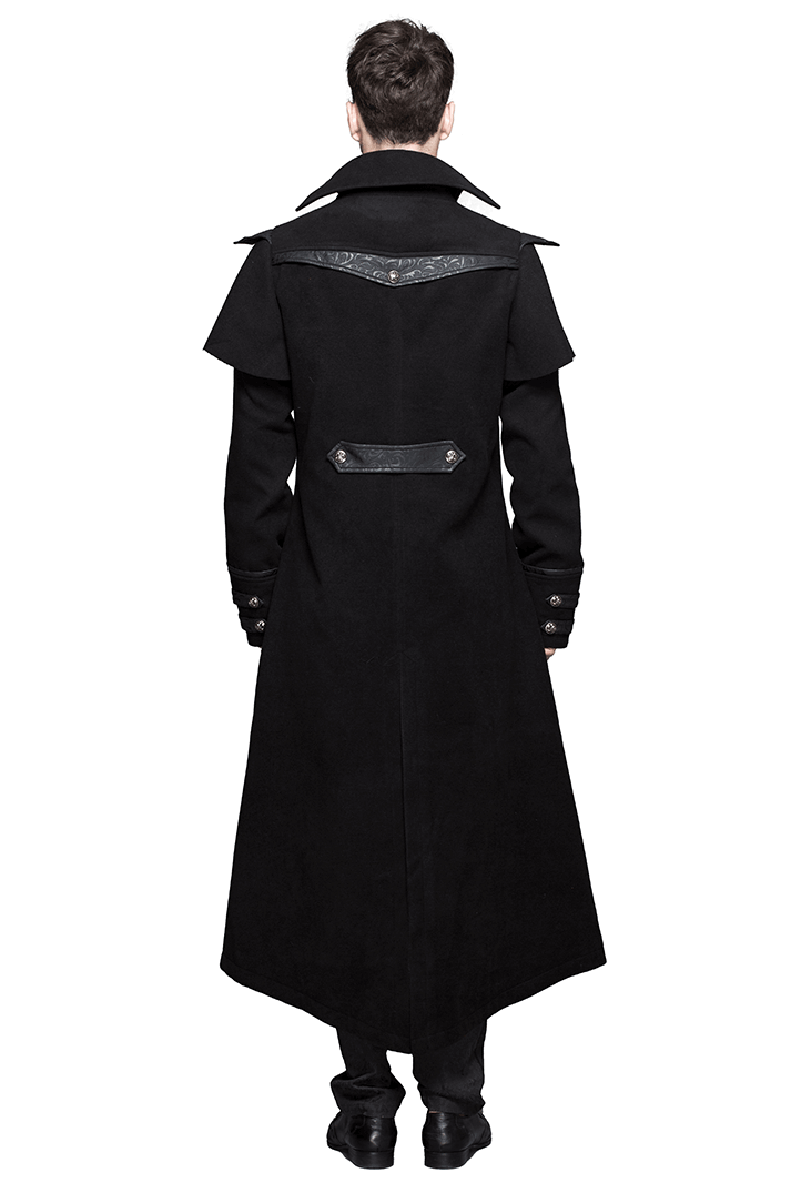 Back view of a stylish black Gothic zipper trench coat for men with a turndown collar and vintage design.