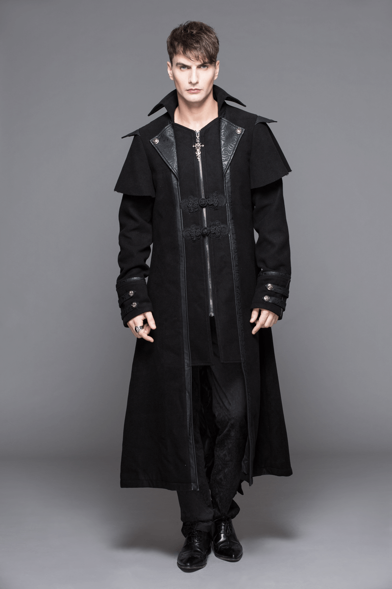 Men's Gothic black zipper trench coat with turndown collar, showcasing vintage style and bold design, perfect for steampunk fashion.