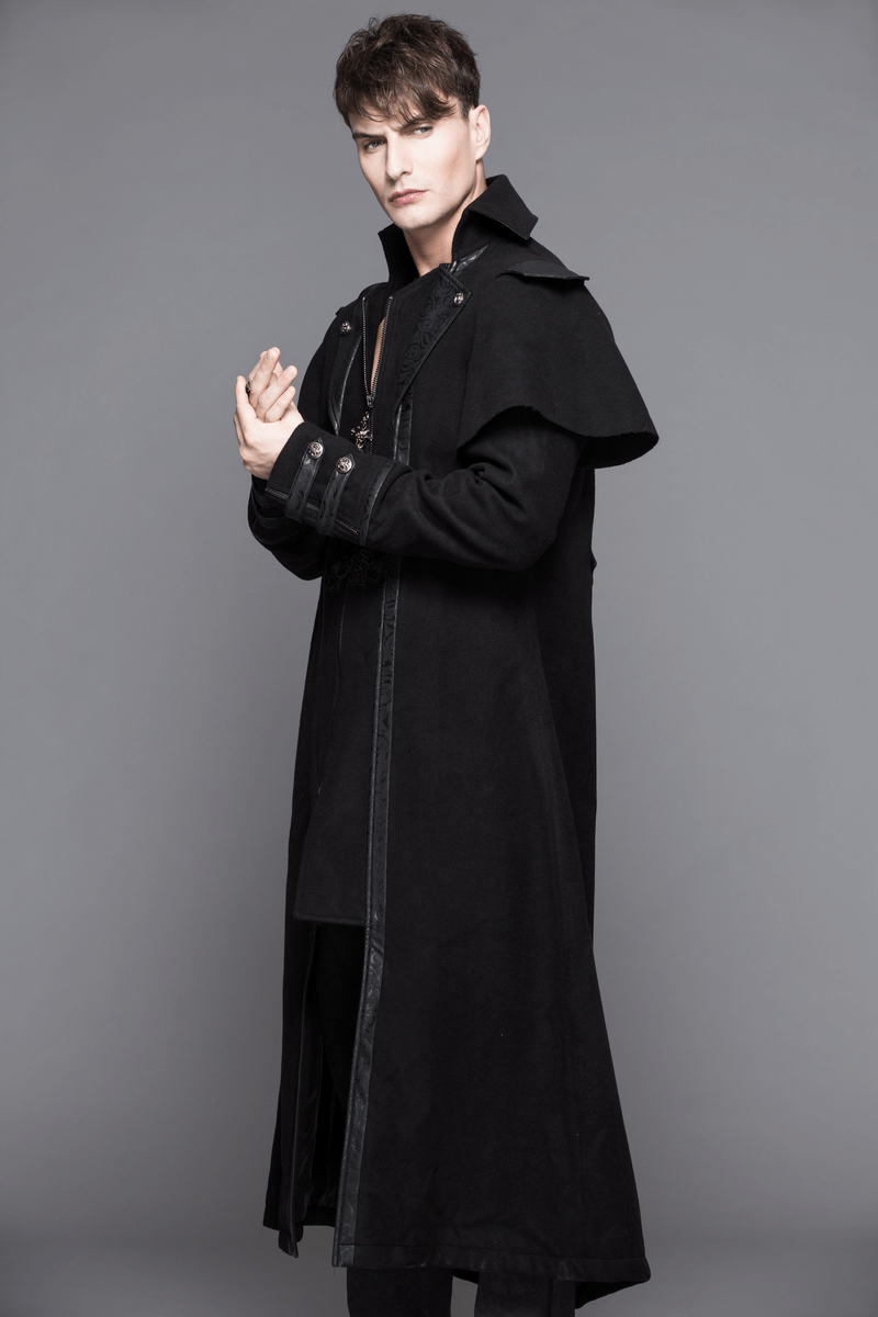 Stylish black Gothic zipper long trench coat for men with turndown collar, perfect for a unique vintage look.