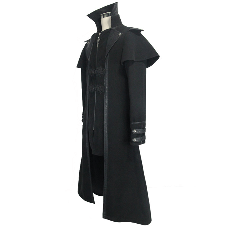 Gothic black long trench coat for men featuring a stylish turndown collar and unique button details.