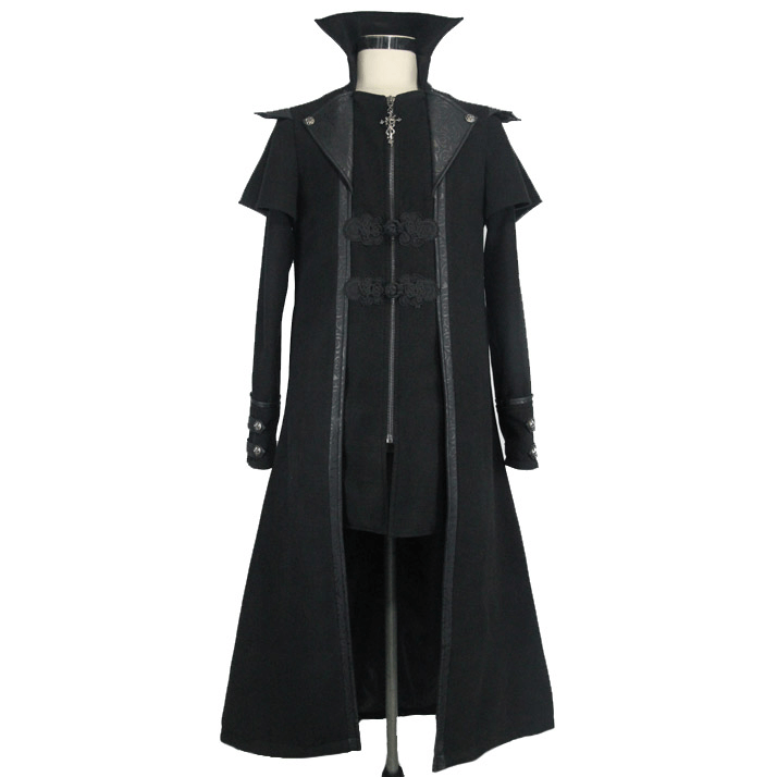 Gothic black trench coat for men with zipper and turndown collar, stylish steampunk design.
